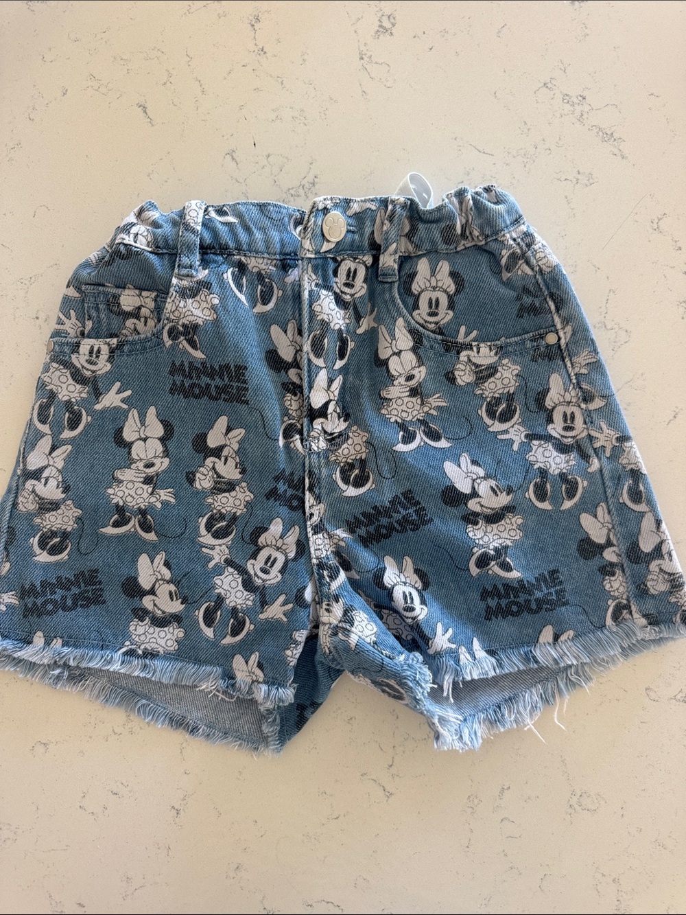 Girls DISNEY Blue Minnie Mouse Print Denim Shorts - Elastic Waist, Frayed Hem